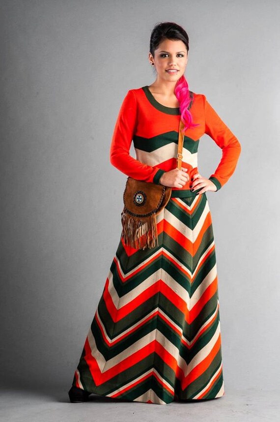 1970s  orange and green chevron skirt set