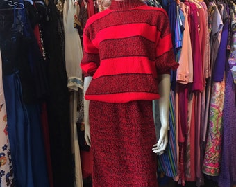 Red and black knit skirt and sweater set