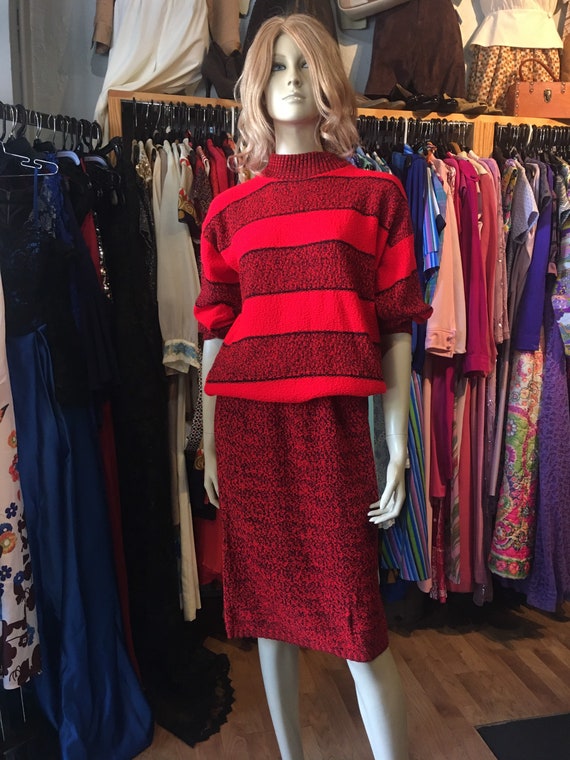 Red and black knit skirt and sweater set