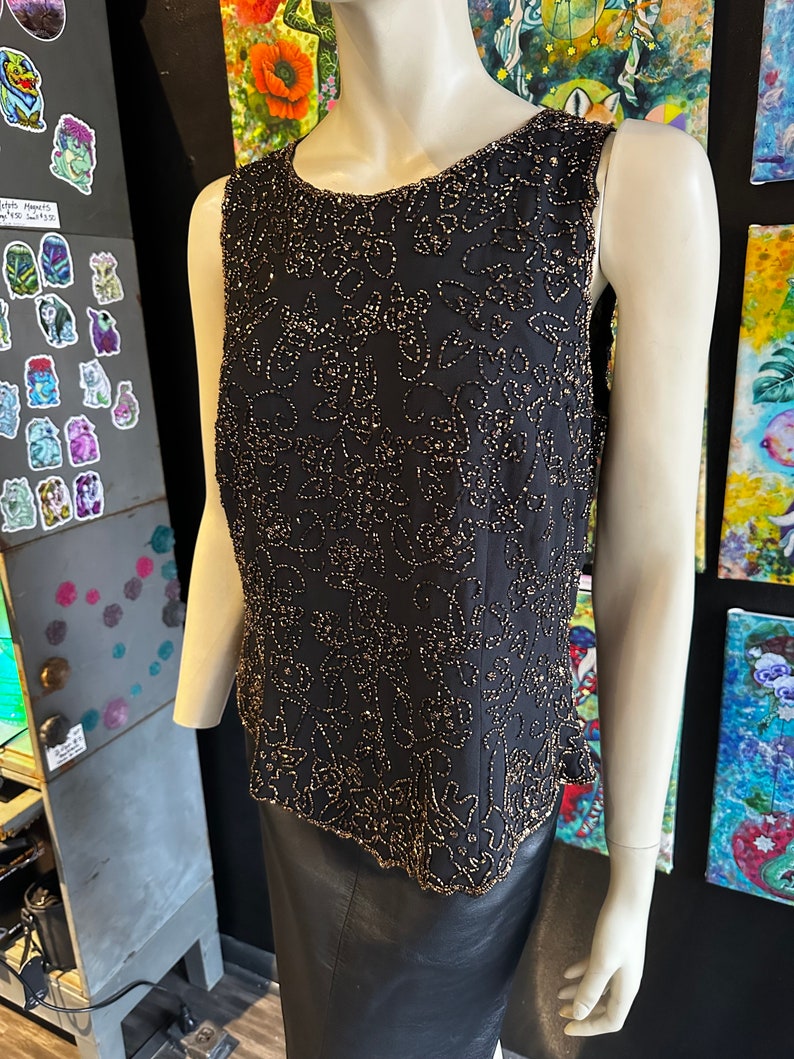 1980s Black and Amber Gold Floral Design Tank Top image 3