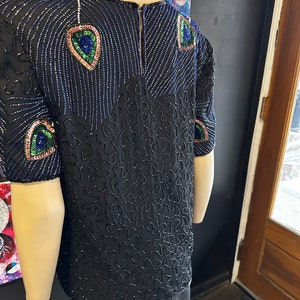 1980s Night Vogue Black Sequin Top With Peacock Motif image 8