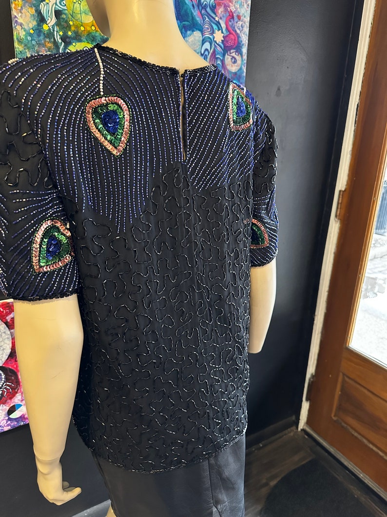 1980s Night Vogue Black Sequin Top With Peacock Motif image 8