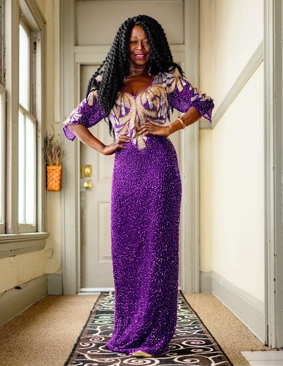 Purple and gold silk beaded formal gown - image 2