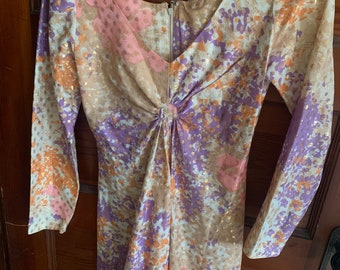 1970s vintage pink, purple and gold dress