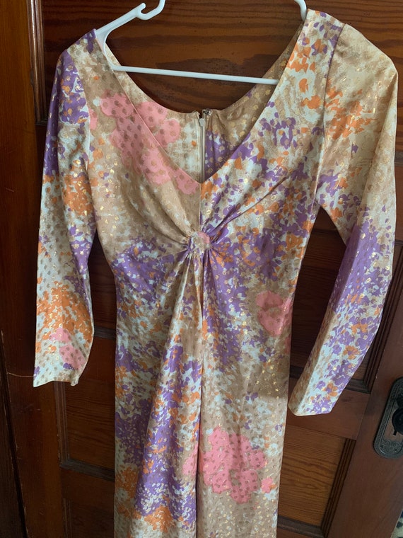 1970s vintage pink, purple and gold dress