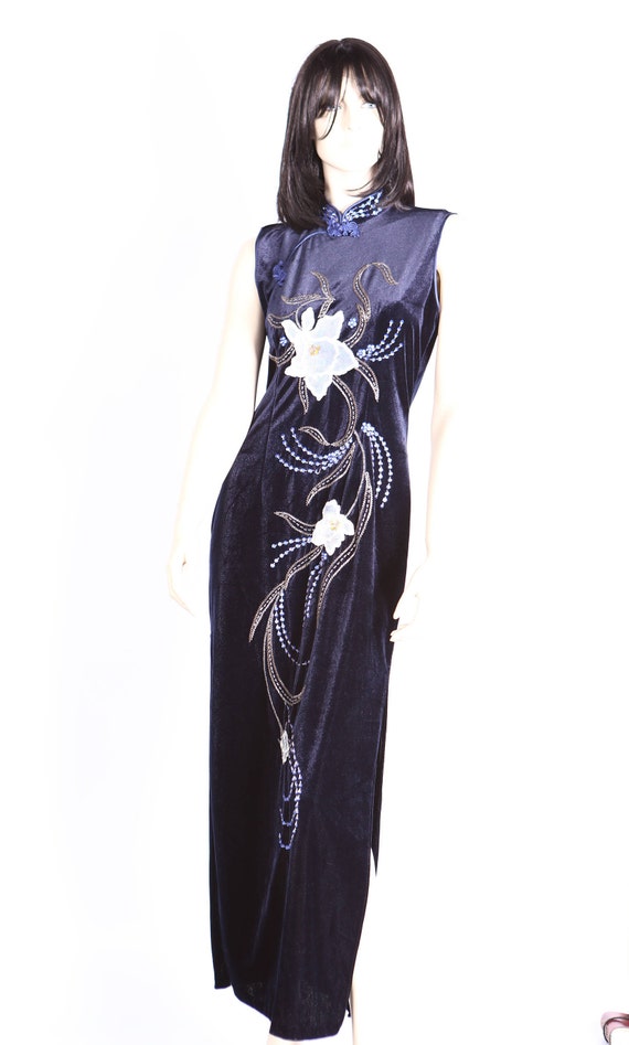 Blue Velvet Asian Floral Dress