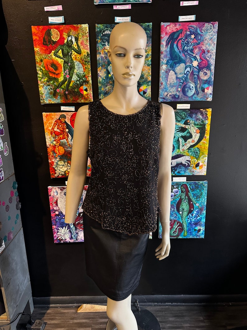 1980s Black and Amber Gold Floral Design Tank Top image 1