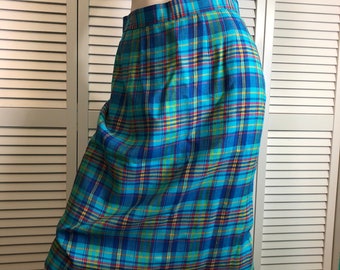 1980s Liz Claiborne teal plaid skirt