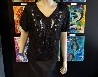 1980s Black Sequin Butterfluy Design Top