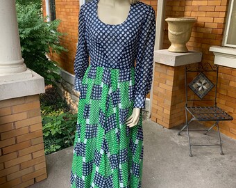 1960s boho floral Greg Draddy blue green dress