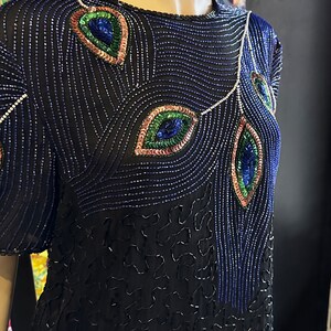 1980s Night Vogue Black Sequin Top With Peacock Motif image 2