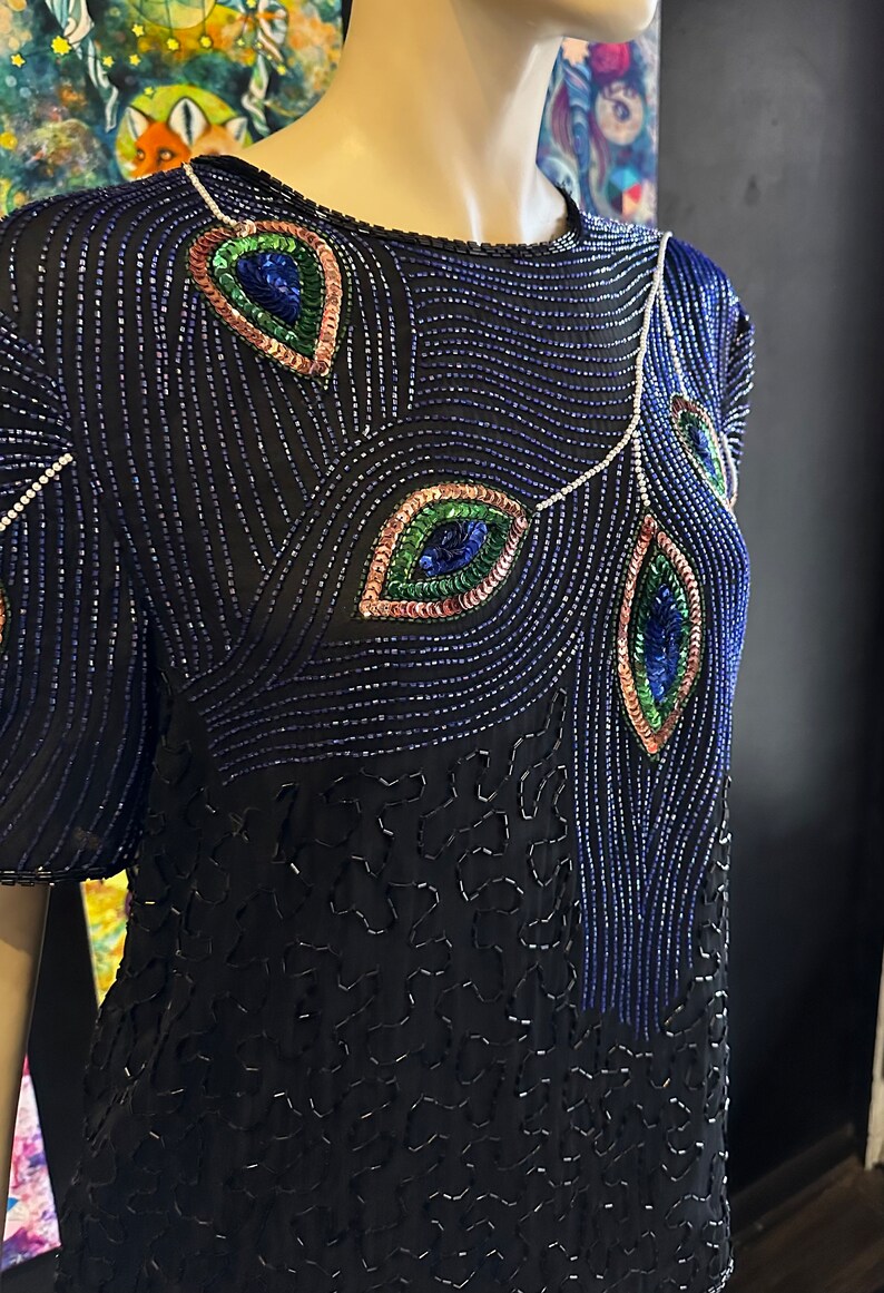 1980s Night Vogue Black Sequin Top With Peacock Motif image 2