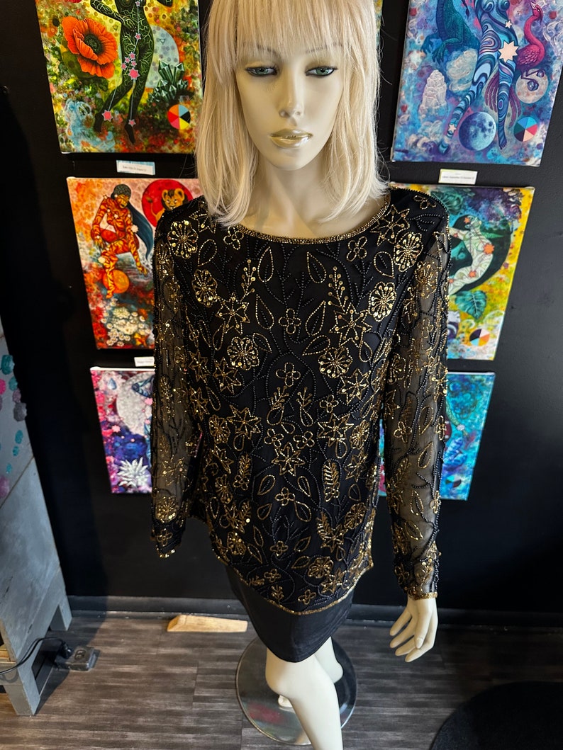 1990s Papéll Boutique Gold and Black Sequin Design Top image 5