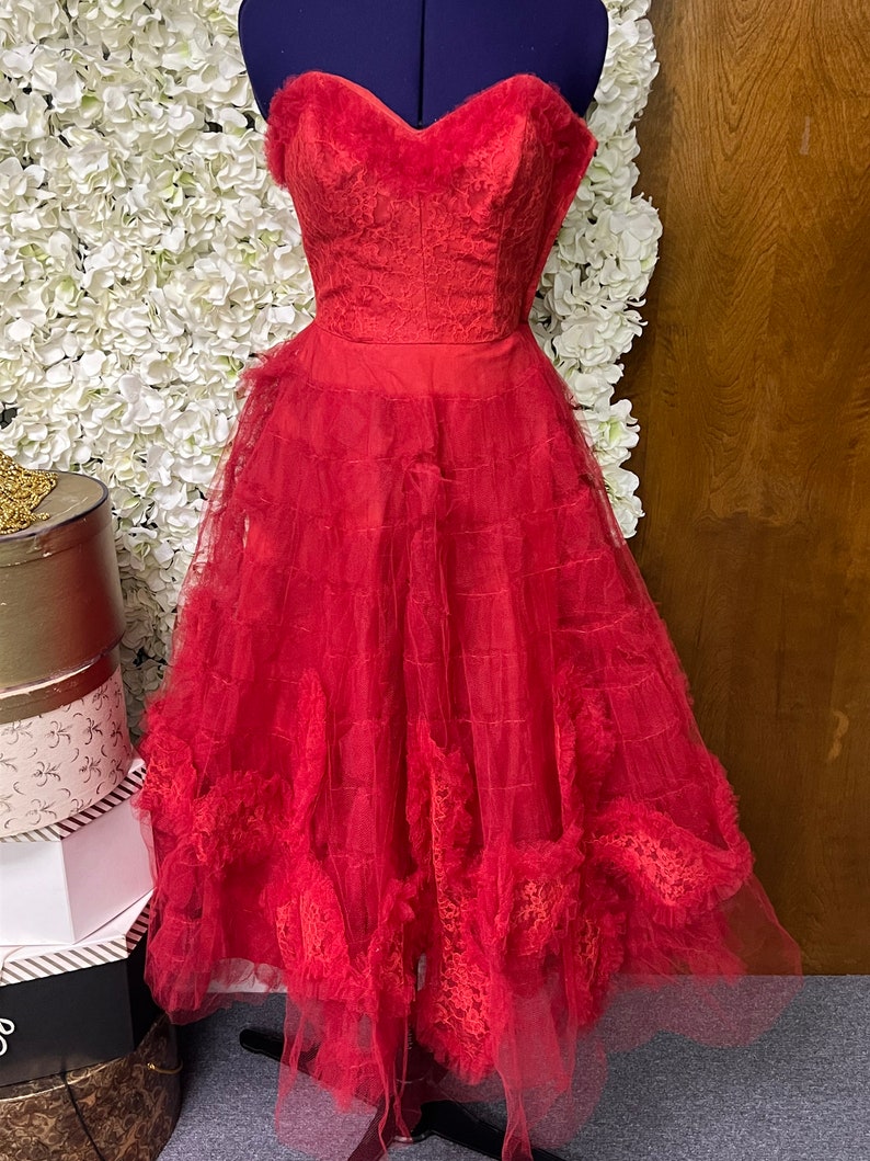 Cotillion 1950s red tulle prom dress image 5