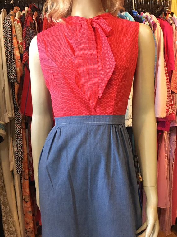 1950’s Vintage red and blue cotton dress - image 2