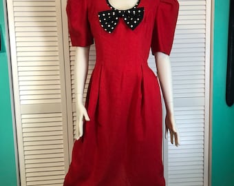 1980s vintage Leslie Lucks red and black polka dot dress