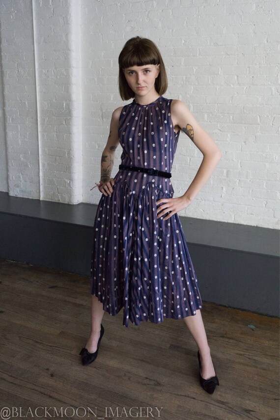 1940s striped and polka dot dress with rhinestones