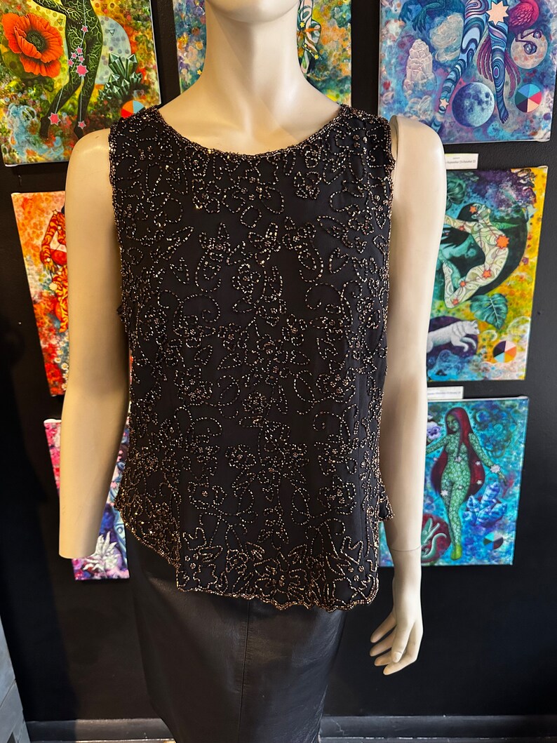 1980s Black and Amber Gold Floral Design Tank Top image 2
