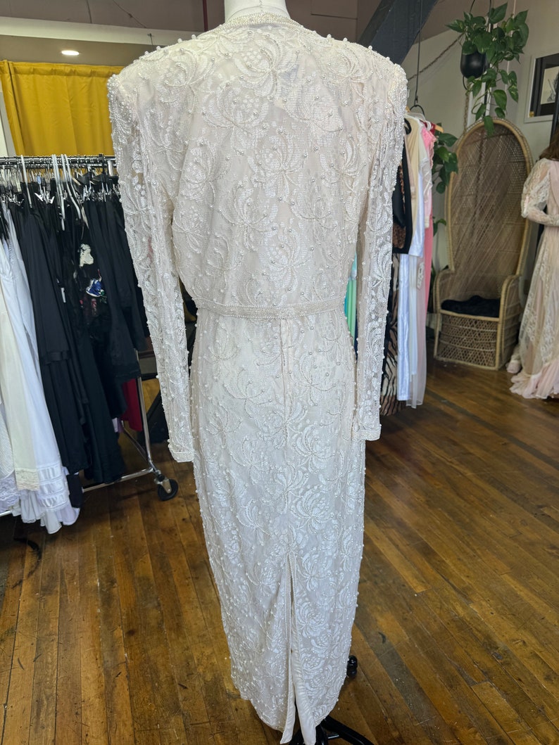 1980s Lawrence Kazar off white beaded gown with jacket image 3