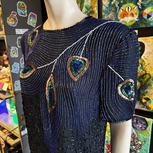 1980s Night Vogue Black Sequin Top With Peacock Motif image 4