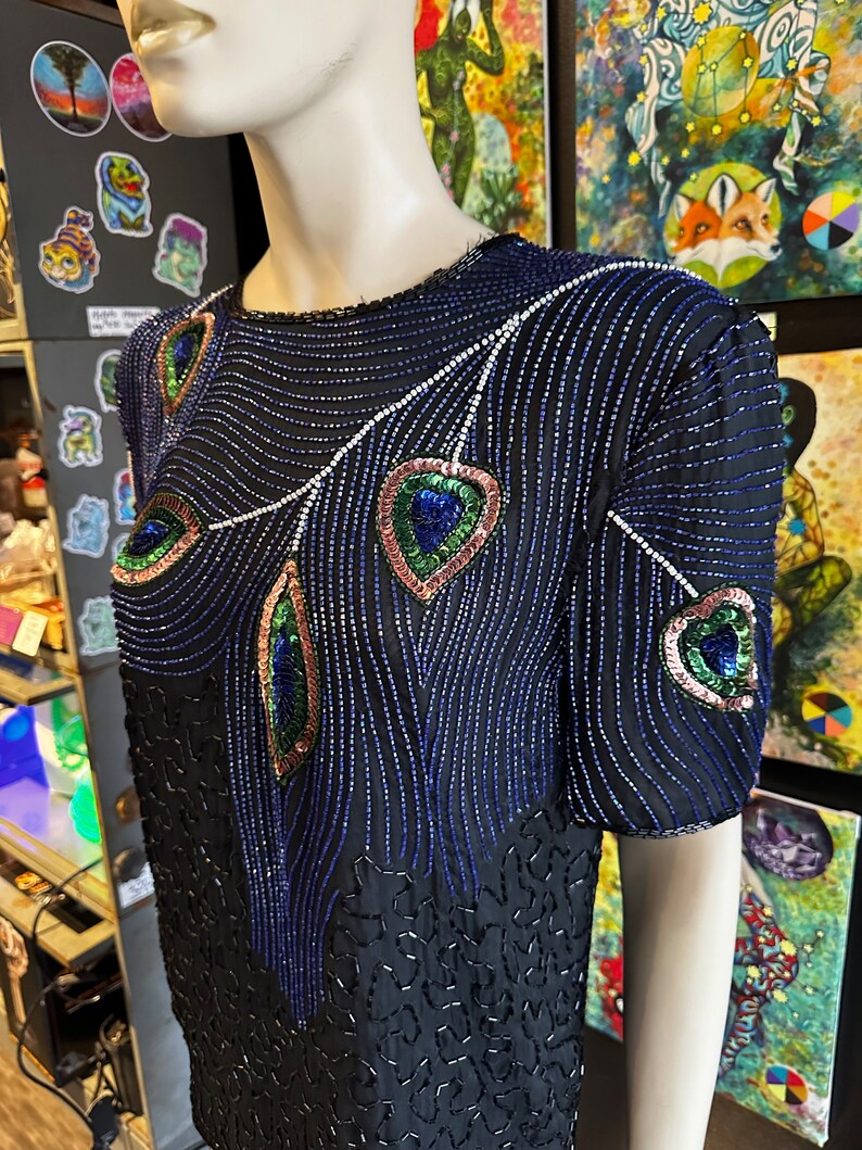 1980s Night Vogue Black Sequin Top With Peacock Motif image 4