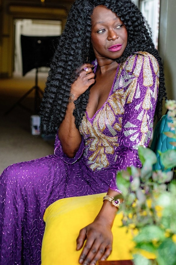 Purple and gold silk beaded formal gown - image 3