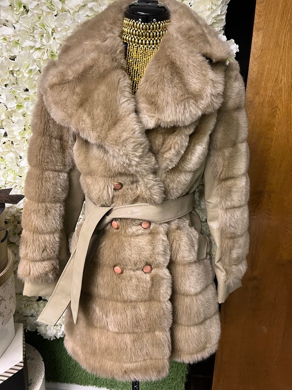 60s/70s faux fur brown leather coat