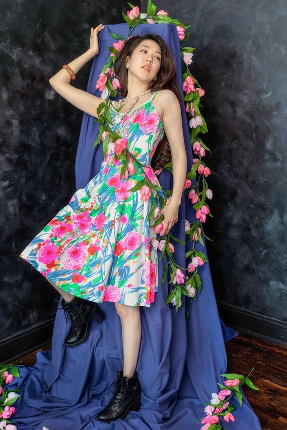 1960s bright floral polyester dress - image 3