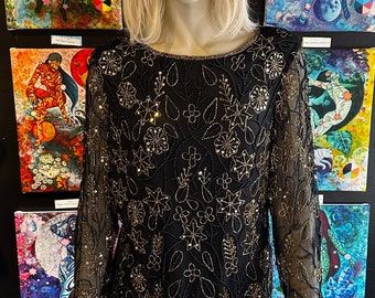 1990s Papéll Boutique Gold and Black Sequin Design Top