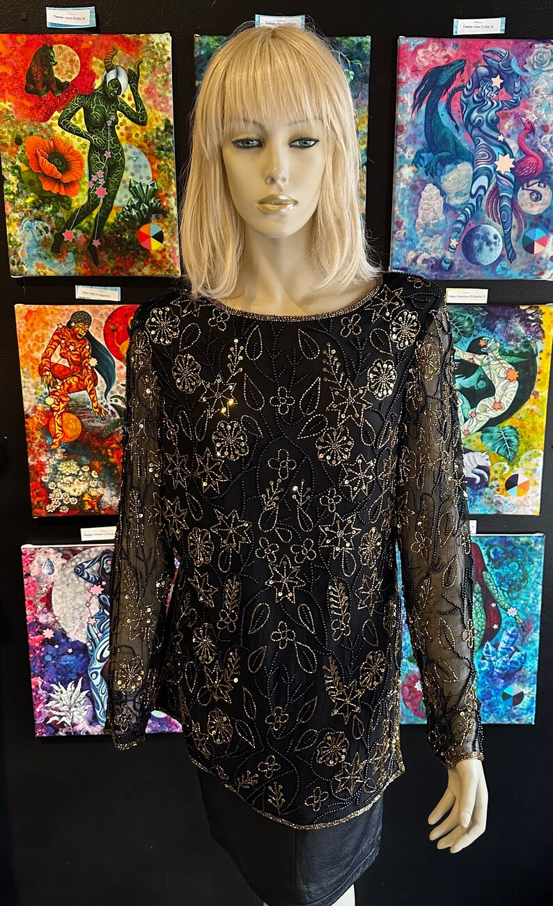 1990s Papéll Boutique Gold and Black Sequin Design Top image 1