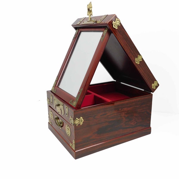 Chinese Red Brown Wood Lacquered Jewelry Chest, Fold Out Mirror, Brass Fittings, 3 Compartments, Pull out Drawer, Vintage