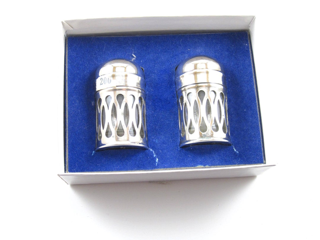 Miniature Silverplate Salt and Pepper Shakers Glass Inserts, Boxed, Made in England, Vintage