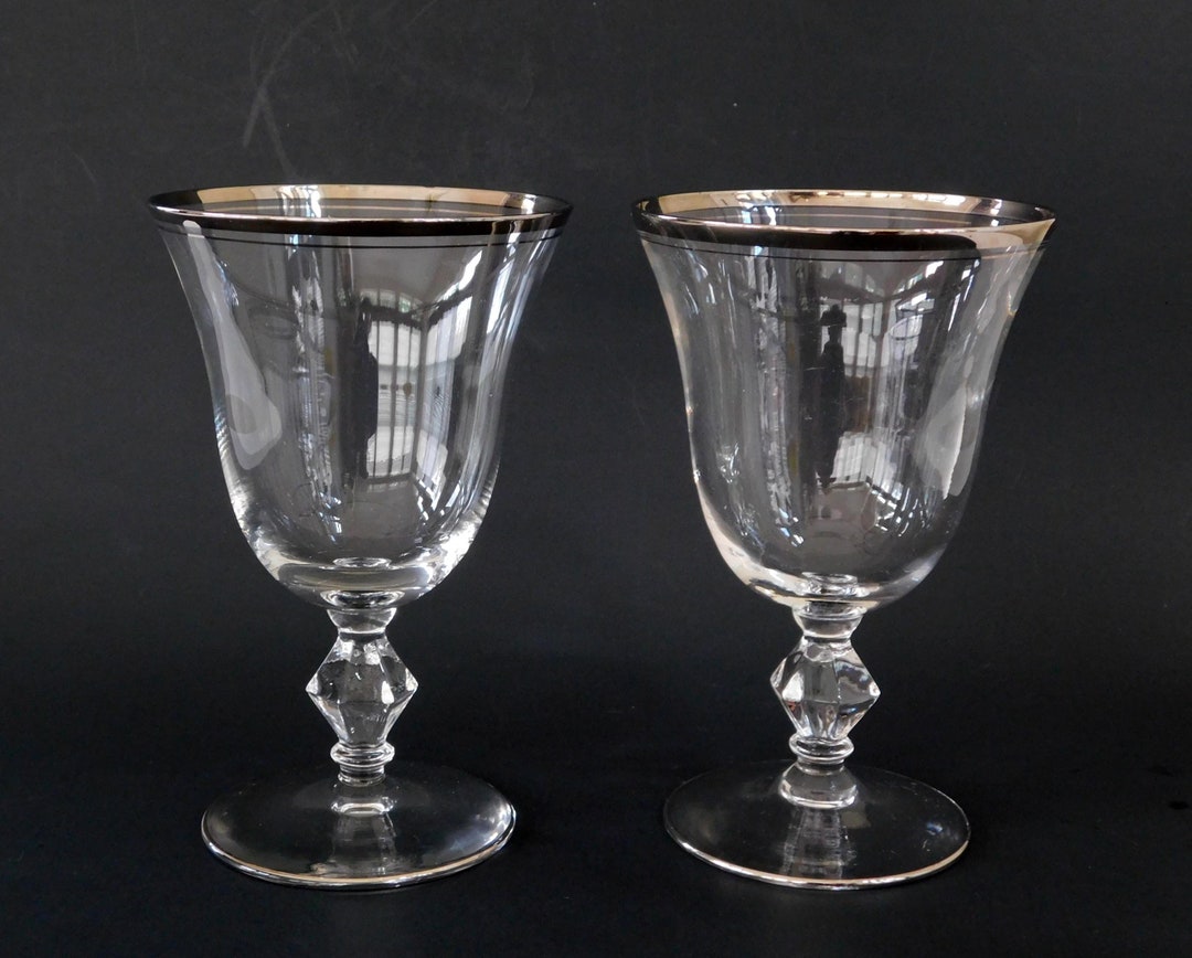 2 Stem Clear Glass Water Goblets Gold Trim Pattern Miramar by Etsy