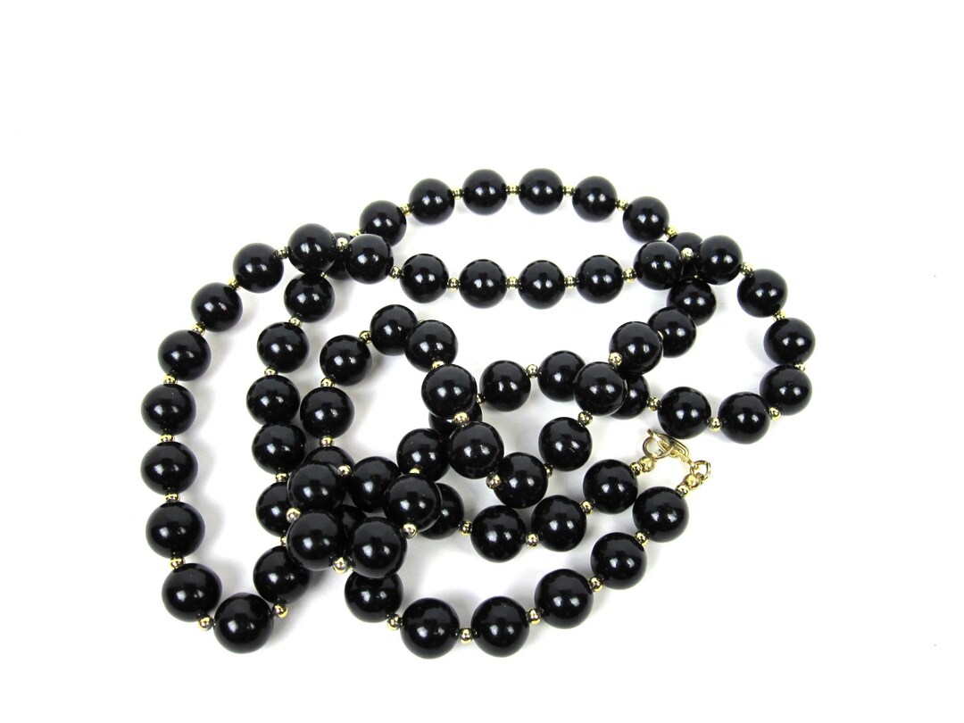 Vintage Long Black Plastic Bead Necklace With Gold Seed Beads - Etsy