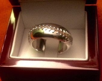 14 KT Gold hand-stitched baseball ring, engagement wedding band