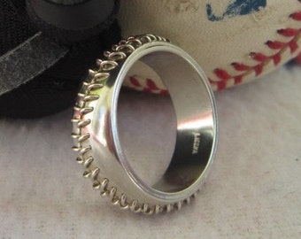 Sterling silver hand-stitched baseball ring, engagement, wedding band