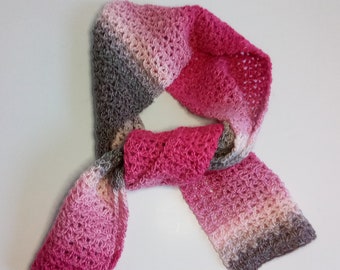 Crocheted scarf, winter accessories, ladies scarf, muffler, raspberry pink, grey, pink, pale pink, gradient scarf