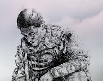 IN REMEMBRANCE: Kniender Soldat - Ein einzigartiger Kunstdruck zum Gedenken an Remembrance Day & britische Soldaten, die im Kampf verletzt oder gefallen sind.