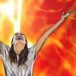 May include: A woman with her arms raised in the air, with a bright light shining down on her. The background is a fiery orange and yellow. The text "But you will receive POWER when the HOLY SPIRIT comes on you; and you will be My witnesses to the ends of the earth Acts 1:8" is written in black text.