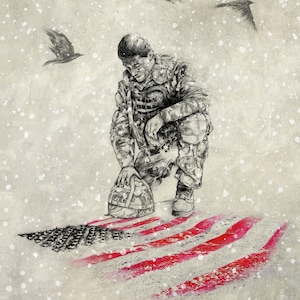 MEMORIAL DAY CARD: Knielende soldaat - Een uniek geïllustreerde kaart om Memorial Day te herdenken en Amerikaanse soldaten die in de strijd zijn gevallen