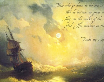 Wunder in der Tiefe - Psalm 107: 23 - 24 - Nautischer Kunstdruck mit dem Gemälde Stürmische See bei Nacht von Ivan Aivazovsky