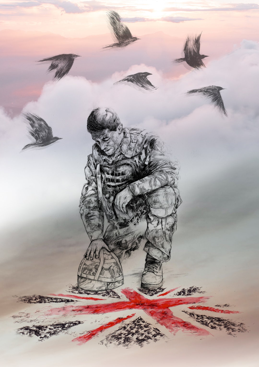 IN REMEMBRANCE Kneeling Soldier A Unique Art Print To Commemorate IN REMEMBRANCE Kneeling Soldier A Unique Art Print To Commemorate