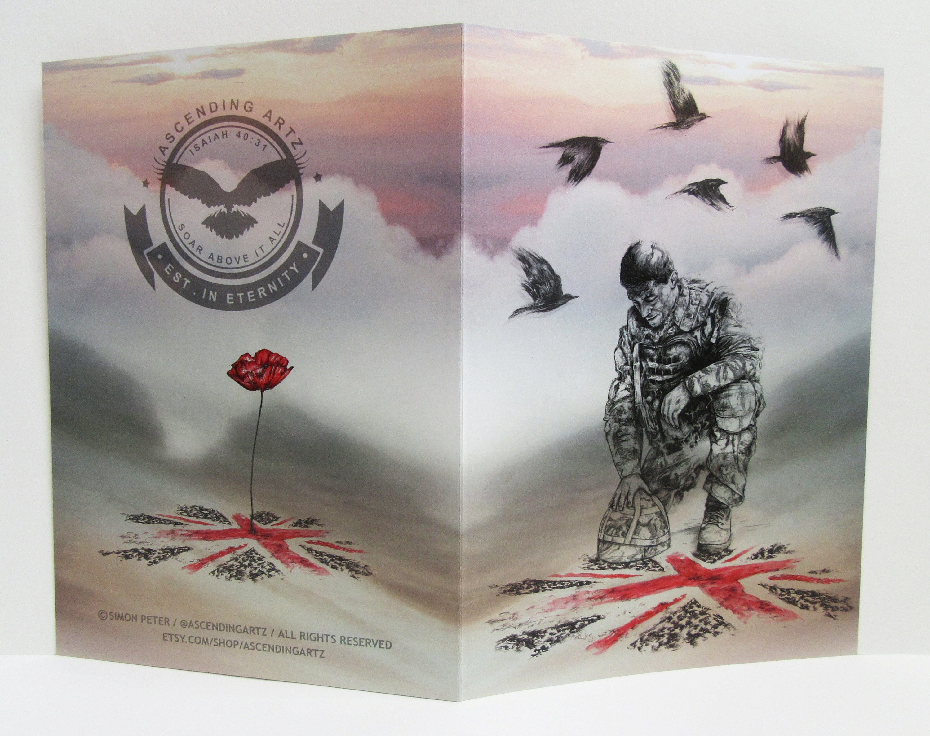 REMEMBRANCE DAY CARD: Kneeling Soldier - A uniquely illustrated card to commemorate Remembrance Day, and British Soldiers fallen in combat