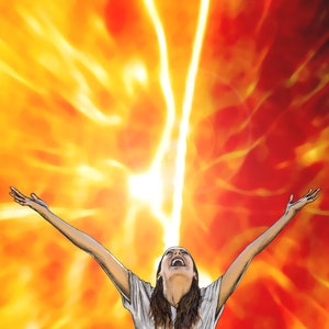 May include: A person with arms raised in the air, looking up at a bright, yellow and orange light. The light is coming from the top of the image and is surrounded by a dark red background.