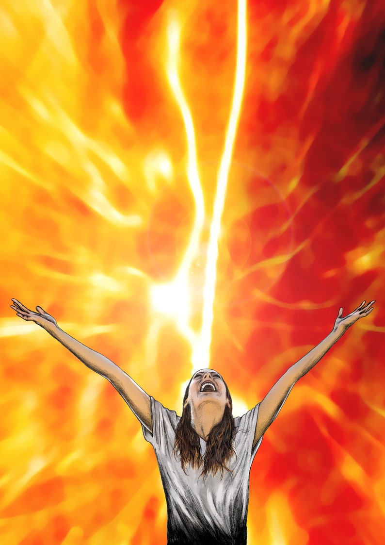 May include: A person with arms raised in the air, looking up at a bright, yellow and orange light. The light is coming from the top of the image and is surrounded by a dark red background.