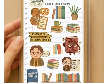 May include: A collection of "The Office" themed book stickers. The stickers feature characters and quotes from the show, including "Dunder Mifflin", "Identity theft is not a joke, Jim!", and "Assistant to Regional Reader". The stickers are on a lined paper background.