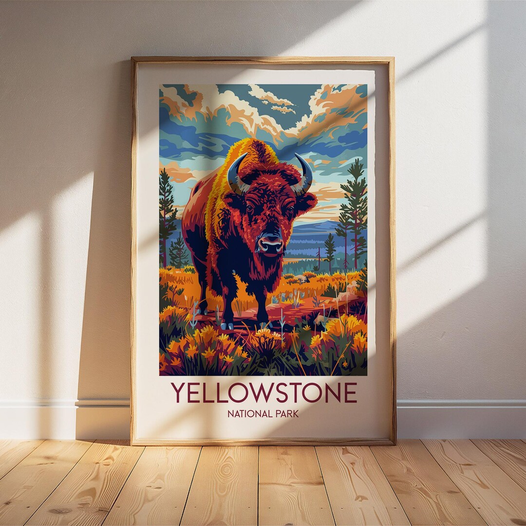 Yellowstone National Park Bison Travel Poster: Retro Vintage Wall Art ...
