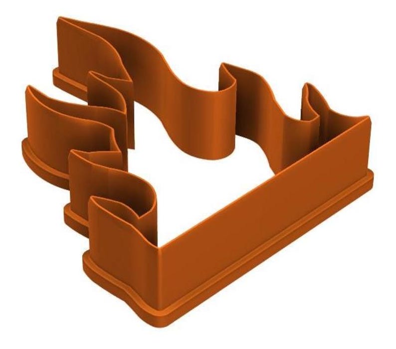 May include: A brown plastic cookie cutter in the shape of a stylized flame. The cutter has a rectangular base and curved edges, with a smooth, clean finish. The design is suitable for baking and crafting.