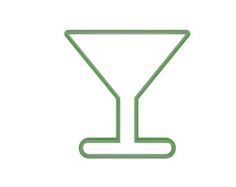 May include: A green outline of a martini glass. The glass has a triangular bowl and a stem with a rounded base. The design is simple and modern, set against a white background.