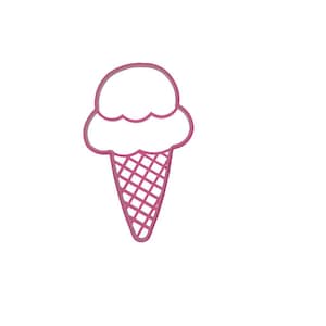 May include: A pink outline of an ice cream cone on a white background. The ice cream has two scoops, and the cone has a crisscross pattern.
